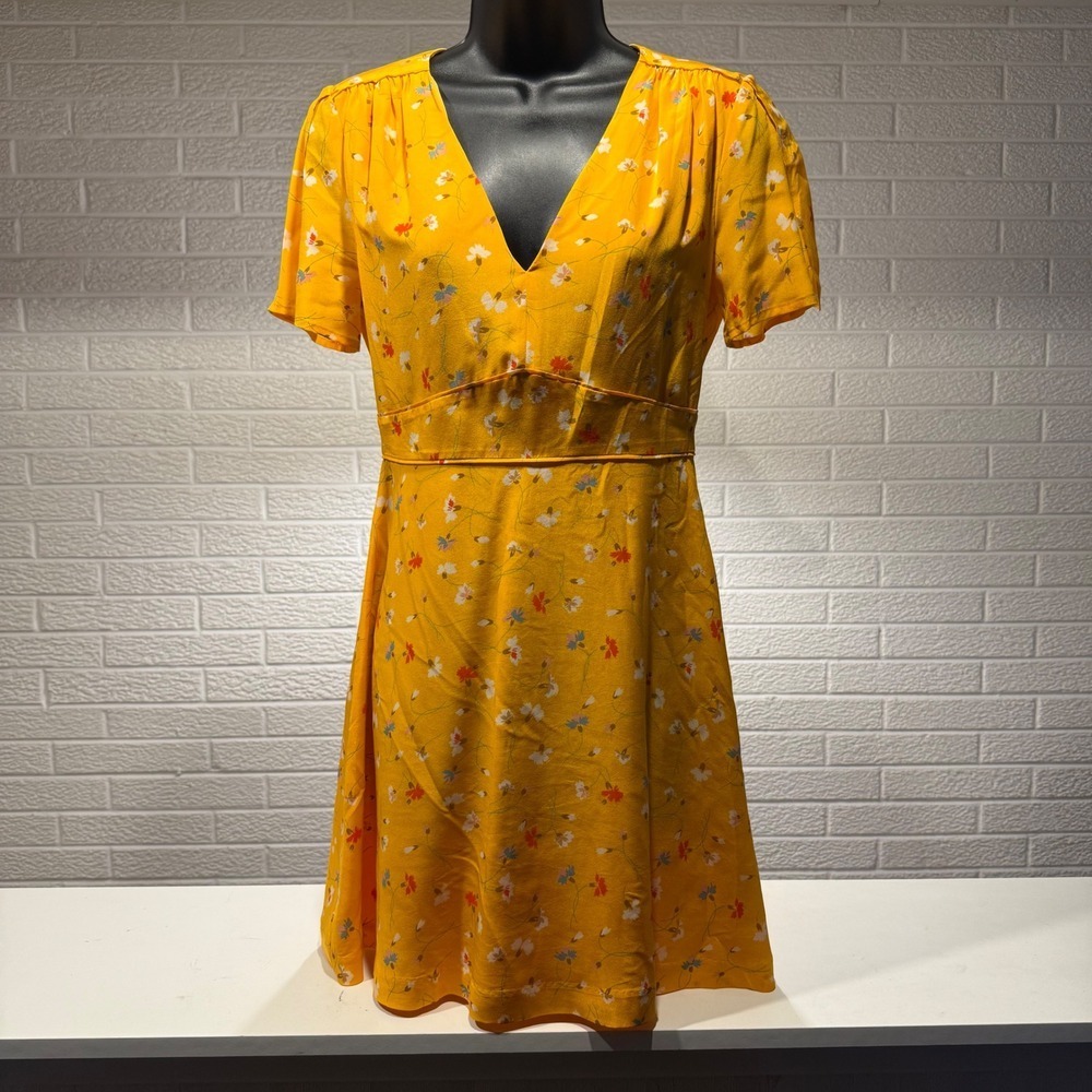 Madewell‎ Mini Dress Size 0 Yellow Floral V-Neck Short Sleeve Career Casual